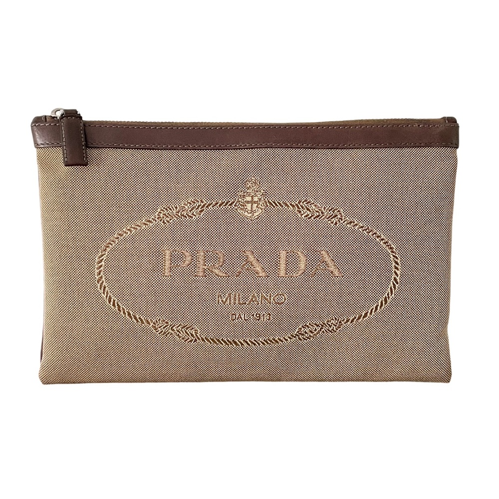 Prada rare brown Canapa canvas embroidered logo brown leather zip pouch